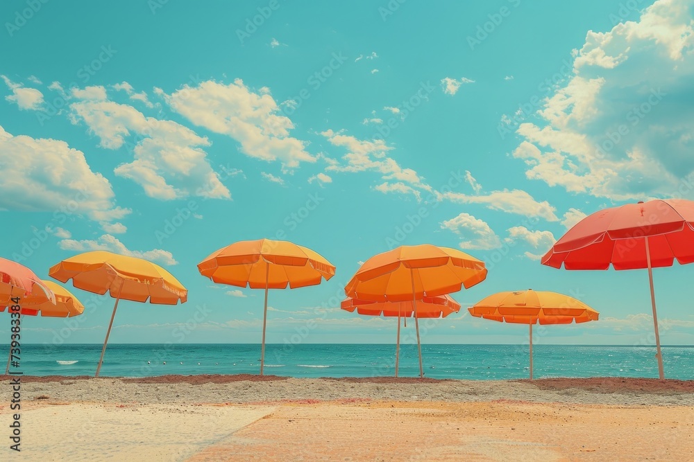 orange umbrellas on a desert sandy beach. Summer vibes