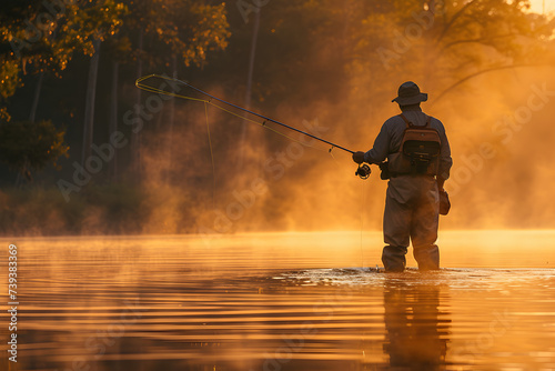 Fly Fisherman Fishing on a Misty Sunrise River