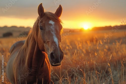 As the sorrel mustang horse stands in the field, its mane illuminated by the vibrant sunset, the peacefulness of the outdoor scene creates a feeling of serenity and freedom