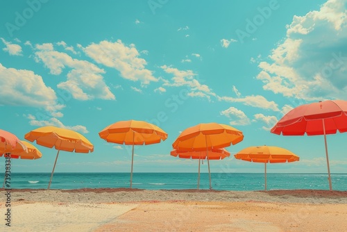 orange umbrellas on a desert sandy beach. Summer vibes