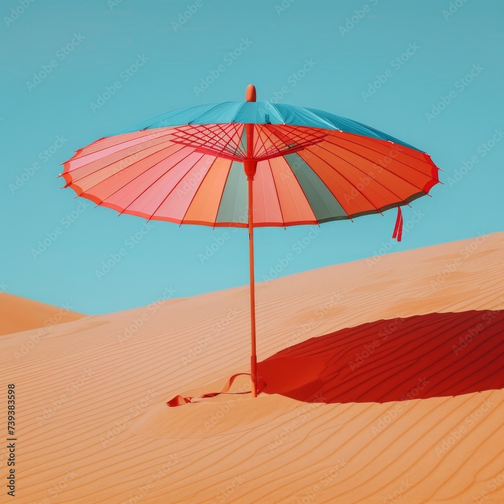a colorful parasol on the sand. Exotic vacations concept