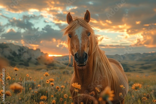 A majestic mustang mare stands gracefully in a sea of colorful flowers, her mane blowing in the gentle breeze as the setting sun paints the sky with shades of orange and pink © Larisa AI