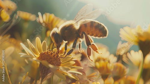 Close-up of a diligent honeybee collecting pollen from yellow daisy-like flowers, illuminated by soft sunlight in a vibrant meadow. Honeybee Gathering Pollen on Yellow Flowers