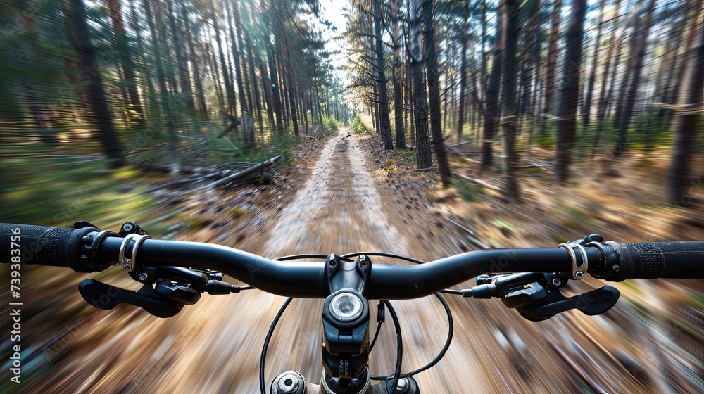 POV shot of a cyclist speeding down a dirt trail in a dense forest, creating a dynamic sense of motion and adventure. Speeding Down a Forest Bike Trail Perspective
POV shot of a cyclist speeding down a dirt trail in a dense forest, creating a dynamic sense of motion and adventure. Speeding Down a Forest Bike Trail Perspective