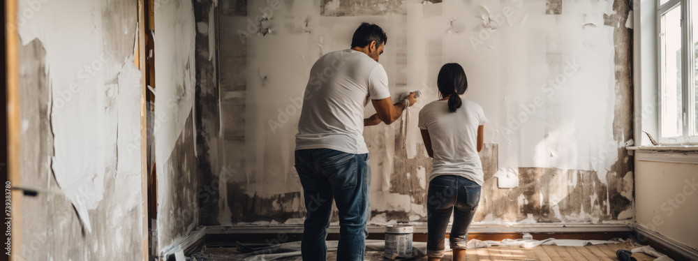 Couple renovating home together, scraping old wallpaper in sunny room