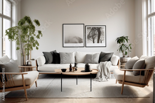 A modern Scandinavian living room with a black and white color scheme, sleek furniture, and pops of greenery, creating a contemporary and refreshing ambiance. © LOVE ALLAH LOVE