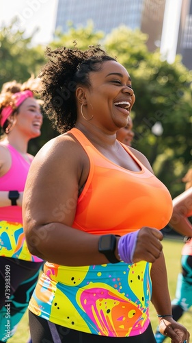 A woman with a bright smile enjoys an energetic workout in an outdoor fitness class on a sunny day, promoting a healthy lifestyle. Joyful Woman Participating in Outdoor Fitness Class

