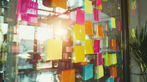 Vibrant sticky notes attached to a glass window in an office environment, backlit by the warm glow of a setting sun. Colorful Sticky Notes on Office Window at Sunset  