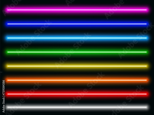Luminous neon lines isolated, lights lines set in different rainbow colors, retro led neon lamp tube, glowing laser beams streaks on dark background - vector