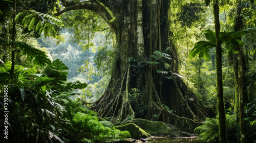 Majestic giant tree in a lush tropical rainforest illuminated by sunlight