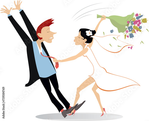 Wedding couple quarrel and fighting.
Angry bride beating her bridegroom with a bunch of flower. Isolated on white background
