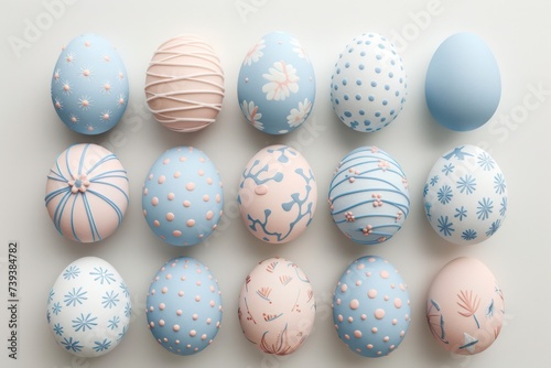 Easter eggs with decorative floral, colorful, pastel, dots and line patterns on a white background