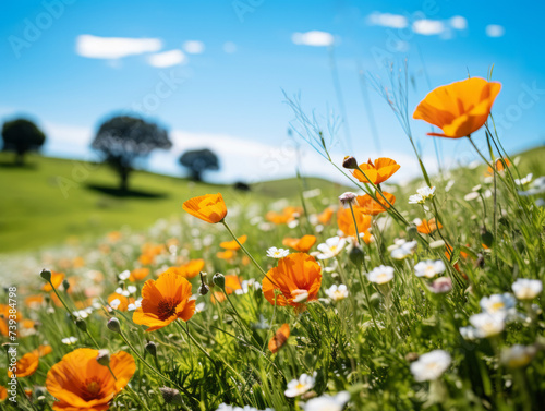 Vibrant poppy flowers and daisies blooming in a lush green field under blue sky