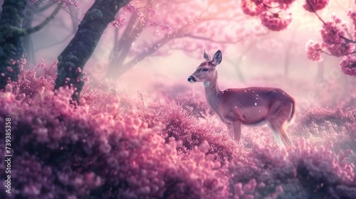 Beautiful Deer in pink cherry blossom park at Tokyo, Japan.