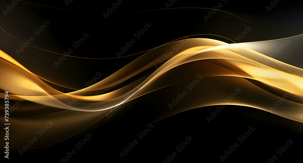 Abstract shiny and sparkle gold wave curvy line with glitter shape with blur on defocused black background. Luxury gold flow blurred wallpaper. - obrazy, fototapety, plakaty 
