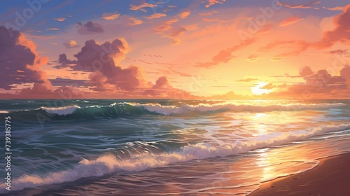 A realistic digital illustration of a sandy beach at sunset, with the waves gently lapping the shore and the sun setting on the horizon, creating a picturesque background © fajar