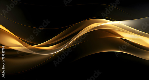 Abstract shiny and sparkle gold wave curvy line with glitter shape with blur on defocused black background. Luxury gold flow blurred wallpaper. photo