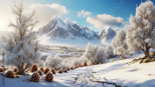 Imagine a beautiful and charming scene with a valley in the background, with a layer of snow covering the ground and cones hanging from the branches of trees © Damian Sobczyk