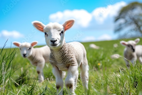 Playful Lambs on Spring Meadow under blue sky  © 18042011