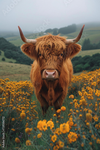 Majestic Highland Cow Amidst Vibrant Yellow Flowers in a Serene Foggy Hill Setting: A Captivating Display of Nature’s Beauty