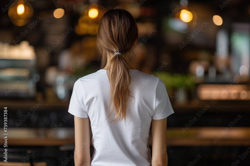 Rear view of a pensive woman in a casual white t-shirt, sitting alone in a cozy urban cafe adorned with warm string lights.