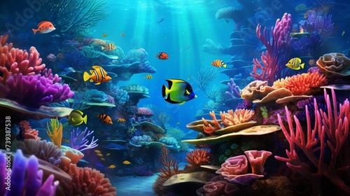A realistic digital rendering of a vibrant coral reef teeming with exotic fish and marine life, creating a lively and colorful background © fajar