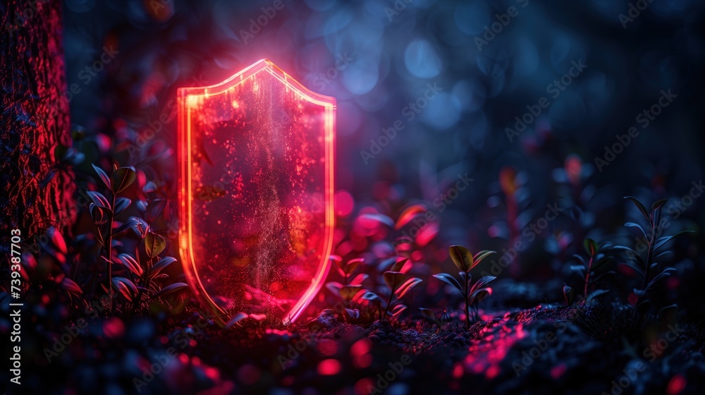 A clear shield that glows red. Within the dense forest, Concept protects - obrazy, fototapety, plakaty 