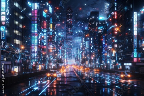 Futuristic cityscape and people concept with network connection.