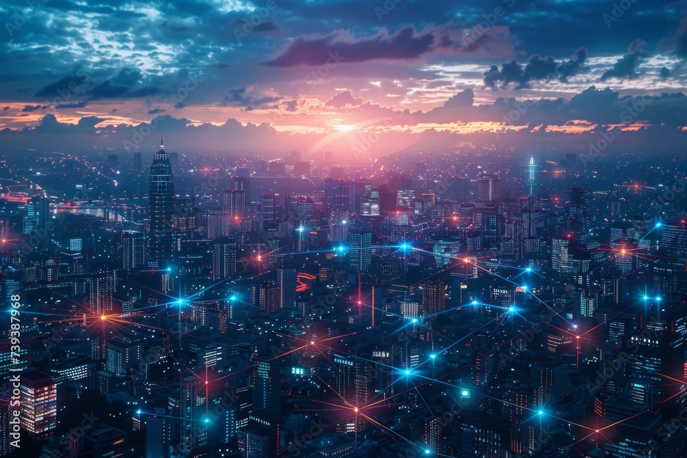 Fototapeta premium Futuristic cityscape and people concept with network connection.