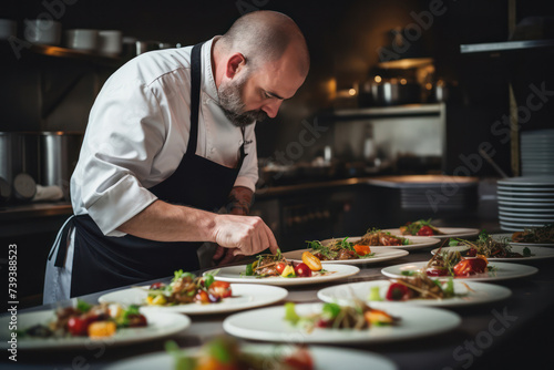 Professional Cook in Chef's Uniform Creating Delicious Gourmet Salad in Restaurant Kitchen