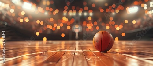 Basketball arena with wooden floor, lights reflectors, and tribune over blurred lights background. basketball arena with bright lights and glare. Generative AI