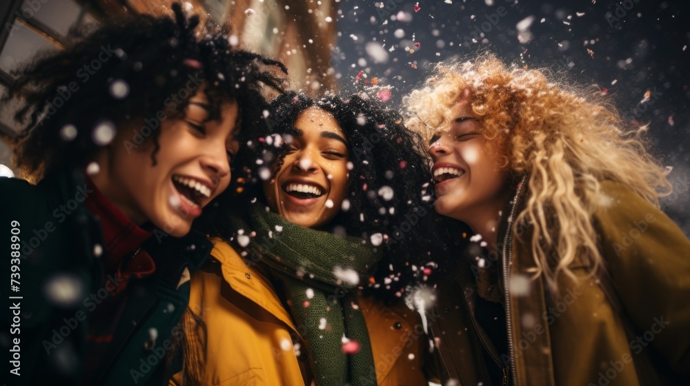 A multiracial group of young happy friends are having fun, celebrating a confetti party in winter during a snowfall.