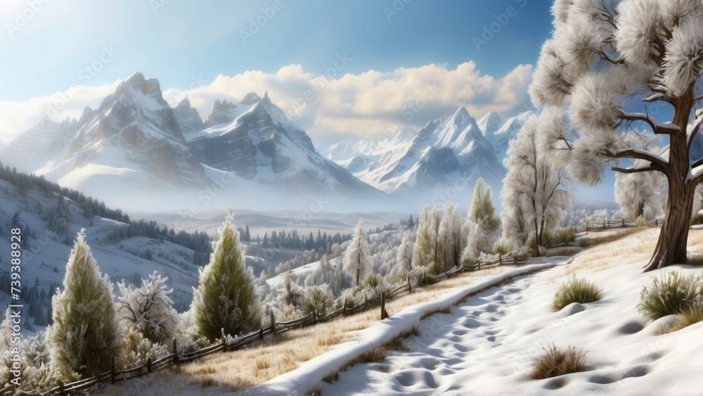 Imagine a beautiful and charming scene with a valley in the background, with a layer of snow covering the ground and cones hanging from the branches of trees