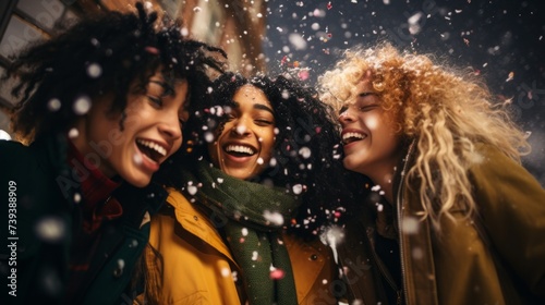 A multiracial group of young happy friends are having fun, celebrating a confetti party in winter during a snowfall.