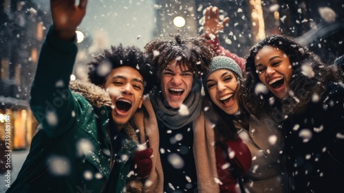 A multiracial group of young happy friends wearing winter jackets are having fun in winter during a snowfall.