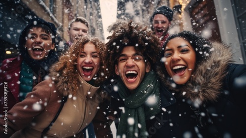 Selfie A multiracial group of young happy friends having fun in winter during a snowfall.