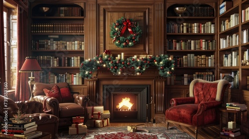 Christmas setting with an armchair by the fireplace and a bookcase close to a Christmas tree decorated with garlands and gifts in red boxes, Generative AI illustration