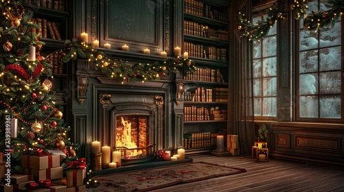 Christmas setting with an armchair by the fireplace and a bookcase close to a Christmas tree decorated with garlands and gifts in red boxes  Generative AI illustration