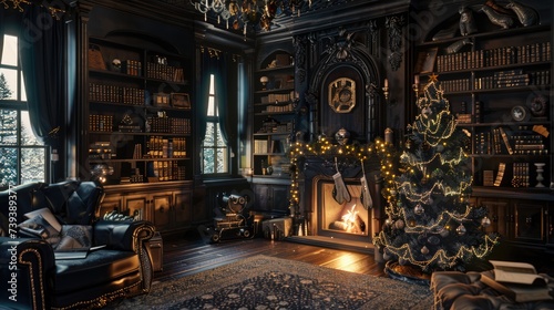 Christmas setting with an armchair by the fireplace and a bookcase close to a Christmas tree decorated with garlands and gifts in red boxes, Generative AI illustration