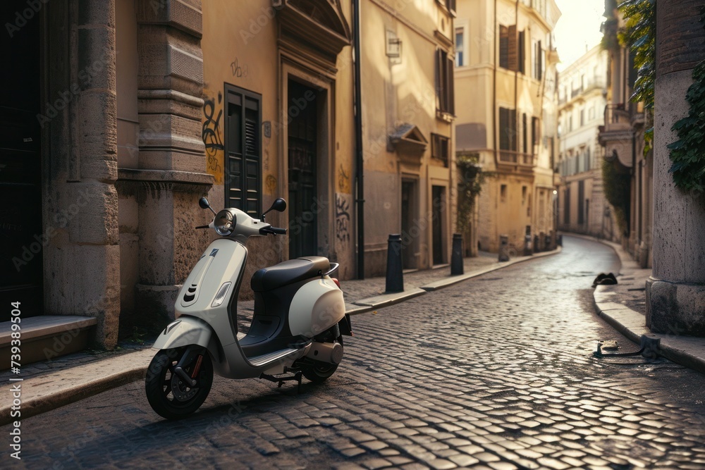 European urban setting featuring a photorealistic portrayal of electric scooters parked gracefully by the side of the historic streets