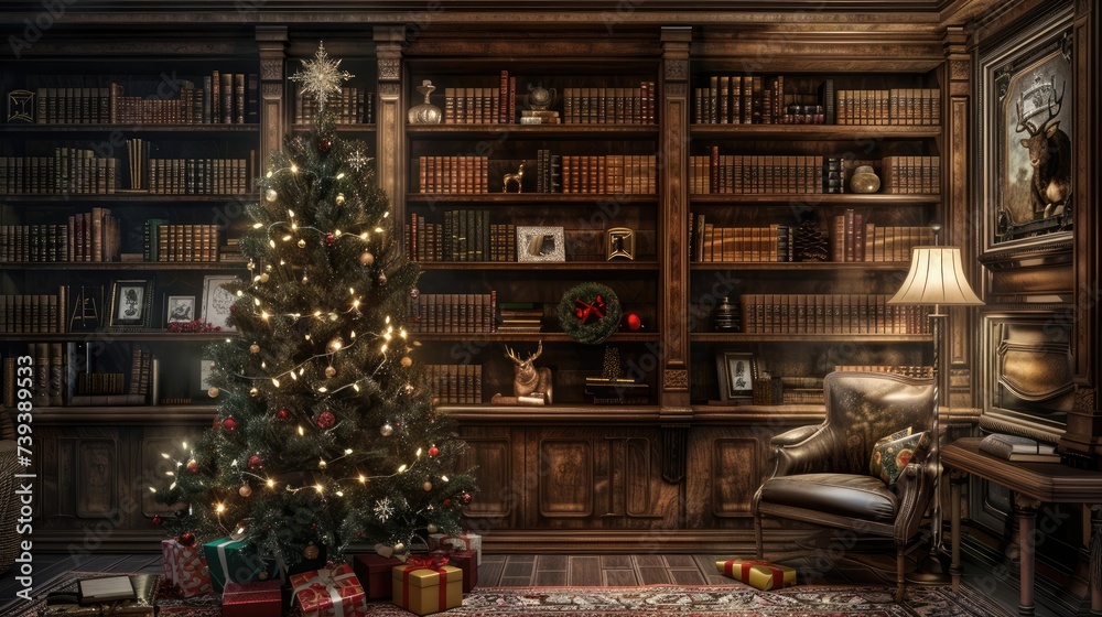 Christmas setting with an armchair by the fireplace and a bookcase close to a Christmas tree decorated with garlands and gifts in red boxes, Generative AI illustration