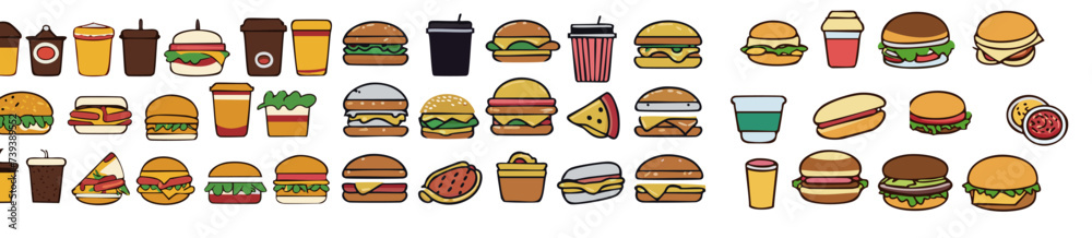 Cute colorful selection of Fast food vector icon line set. Burger sandwich pizza hot dog cola coffee sweets drawn in cartoon illustration simple graphic illustrations of fast food icons, junk food set