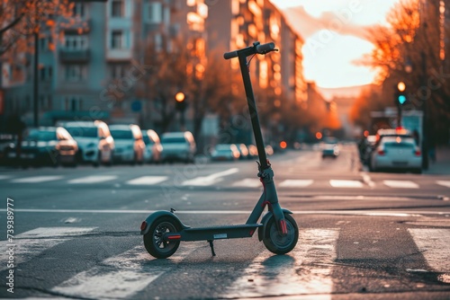 Modern city environment showcasing a stationary electric scooter on the road