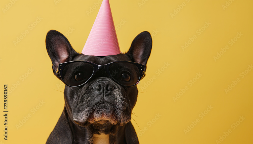 a dog wearing a party hat and sunglasses on yellow background. happy Birthday concept for party, celebration. funny pet for design, invitation, greeting card, poster, banner
