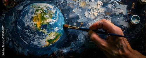 Hand Holding Brush Over Earth Painting photo