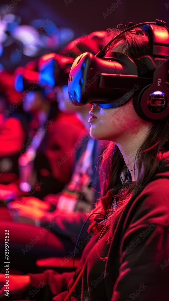 Imagine an e sport audience engaged in the game with VR headsets and accessories Imagine an e sport audience engaged in the game with VR headsets and accessories