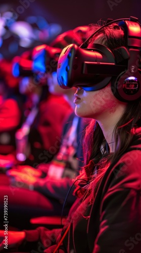 Imagine an e sport audience engaged in the game with VR headsets and accessories