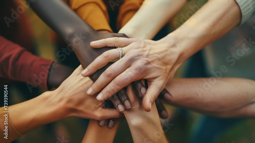 A lot of people put their hand together. Unity concept close up. United team idea. Anti racism sign. Group diverse arm on top of each other. Racial love symbol. Many different multi ethnic. Mixed race