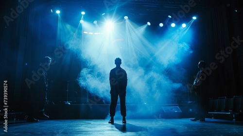 A single performer stands center stage under a moody blue spotlight, surrounded by atmospheric fog and the expectant emptiness of a concert venue. Solo Artist Spotlight on Moody Stage with Blue Lights