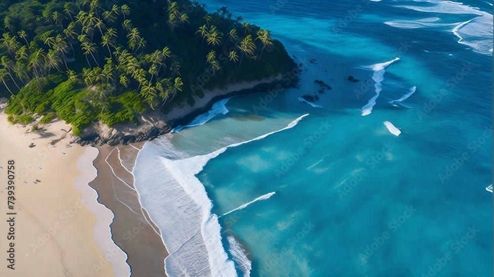 Aerial drone view capturing the coastline with waves gently lapping against the shore. Crisp blue waters meeting sandy beaches, with palm trees lining the coast.